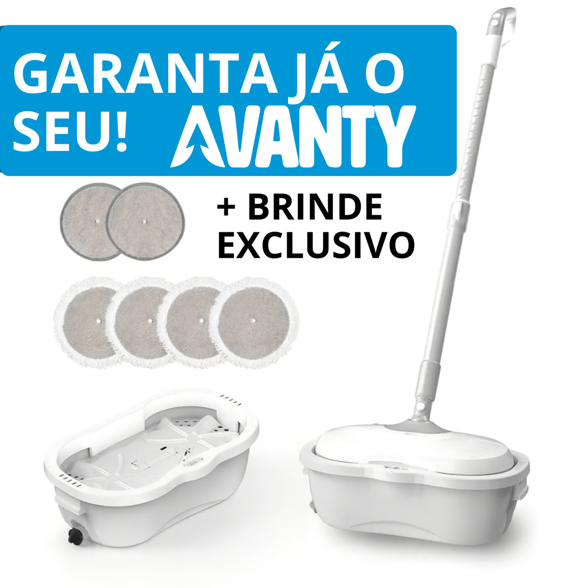 Mop Elétrico Inteligente + BRINDES: Módulos de Limpeza e Tanque Suporte